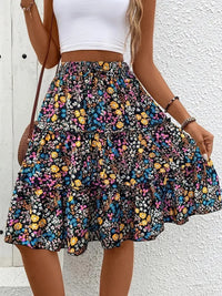 Floral Print Stretch Waist Skirt Knee Layered Hem A- Line Skirt