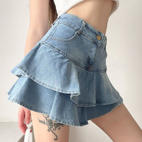 Women's Double-layer Ruffled Denim Skirt Retro Easy Matching High Waist Slimming