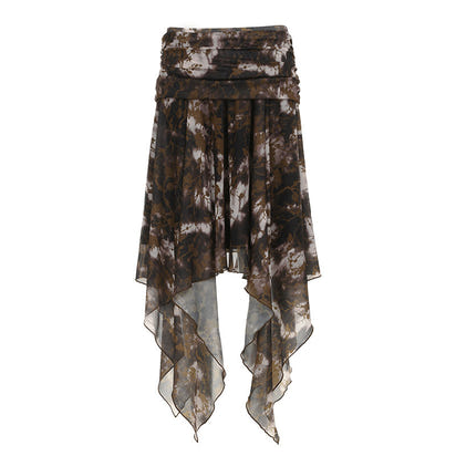 Leopard Print Mesh Stitching Irregular Skirt Hot Girl Pleated High Waist