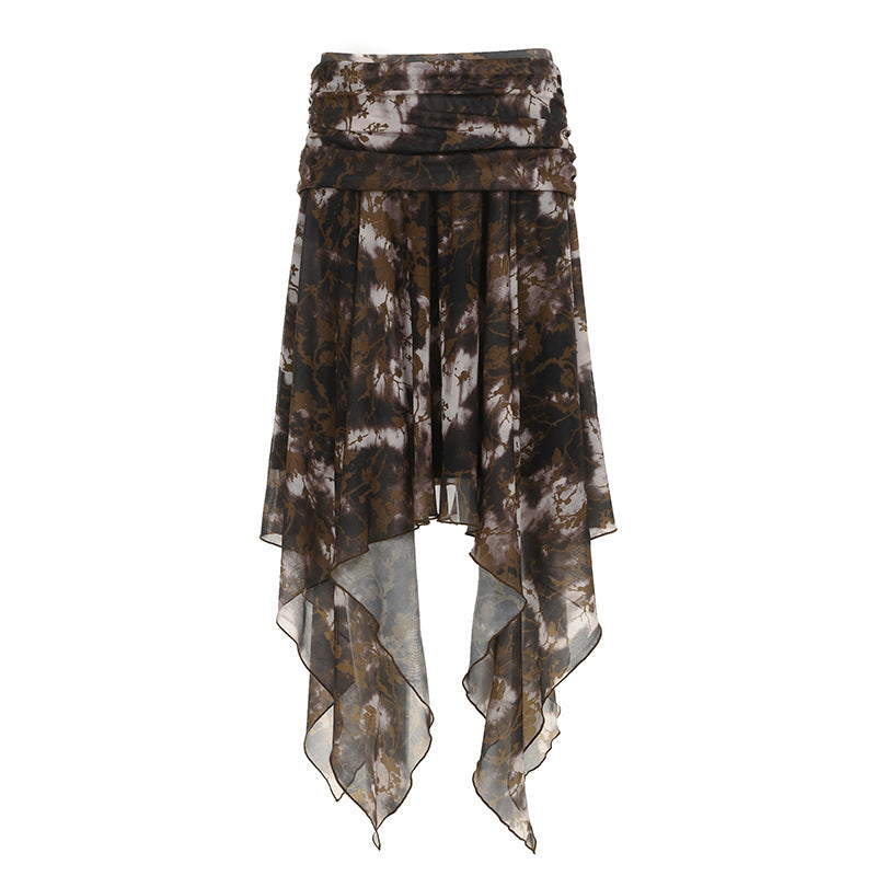 Leopard Print Mesh Stitching Irregular Skirt Hot Girl Pleated High Waist