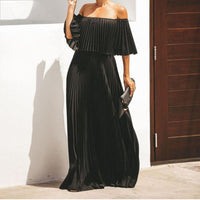 Spring new women's dress  off-the-shoulder one-line shoulder pleated chiffon party dress