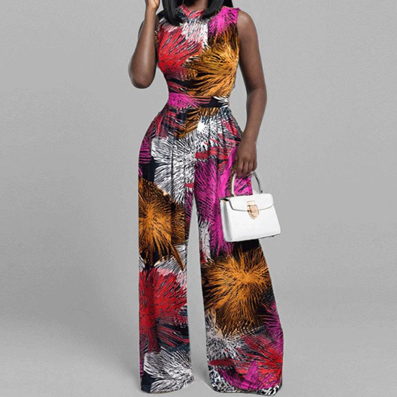 Women's spring fashion casual long pants, slim printed sleeveless jumpsuit
